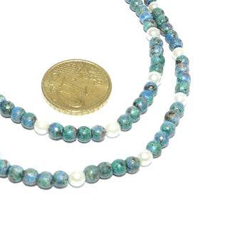 grün-blaues Einzelstück, Edelsteinkette, Chrysokolltürkiskette aus matten Kugeln & glänzenden Akoyazuchtperlen von 4mm Durchmessern, Verschluß Silber Federring, Länge 47cm, auf Seide aufgefädelt - Goldschmiede Danilo