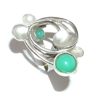 handgefertigtes Einzelstück, grüner Chrysopras-Silberring aus 925 Silber, 2 Cabochons + 4 aufgetiefte Schalen auf Runddraht-Geflecht, Ringweite 54,5. Dazu paßt An 0099 -	Handgefertigtes Unikat! Nur im Onlineshop von Juwelier & Goldschmiede Danilo!
