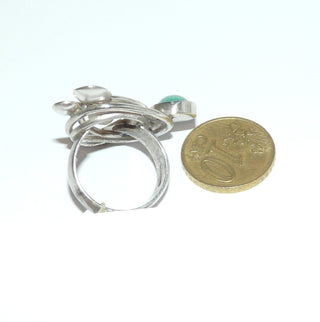 handgefertigtes Einzelstück, grüner Chrysopras-Silberring aus 925 Silber, 2 Cabochons + 4 aufgetiefte Schalen auf Runddraht-Geflecht, Ringweite 54,5. Dazu paßt An 0099 -	Handgefertigtes Unikat! Nur im Onlineshop von Juwelier & Goldschmiede Danilo!