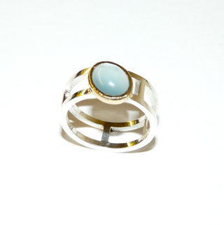 Handgefertigtes Einzelstück, hellblauer Unikat-Aquamarin-Silberring aus massiv 925 Silber Vierkant-Streben, Gitter, poliert, Zargenfassung aus 750 Gold, Aquamarin-Cabochon von 1,46 Karat, Ringweite 59 - Goldschmiede-Danilo