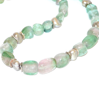 hellgrünes Einzelstück, Unikat-Edelsteinkette, Turmalinkette mit rosa Anteilen / Wassermelonenturmalin Nuggets, graue Süßwasserperlen & Plättchen + Verschluß aus 925 Silber Federring 44cm, auf Stahlseide - Goldschmiede Danilo