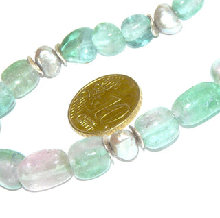 hellgrünes Einzelstück, Unikat-Edelsteinkette, Turmalinkette mit rosa Anteilen / Wassermelonenturmalin Nuggets, graue Süßwasserperlen & Plättchen + Verschluß aus 925 Silber Federring 44cm, auf Stahlseide - Goldschmiede Danilo
