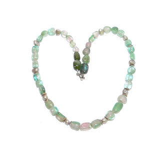 hellgrünes Einzelstück, Unikat-Edelsteinkette, Turmalinkette mit rosa Anteilen / Wassermelonenturmalin Nuggets, graue Süßwasserperlen & Plättchen + Verschluß aus 925 Silber Federring 44cm, auf Stahlseide - Goldschmiede Danilo