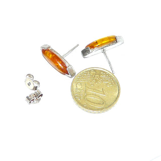 längliche Einzelstücke, Bernsteinohrstecker aus 925 Silber mit transparenten honigfarbenen, navetteförmigen Cabochons mit schönen Einschlüssen & dreieckigen Kappen an den Enden - Goldschmiede Danilo