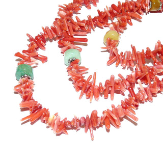 endloses Einzelstück, lange Edelsteinkette, rosarote natürliche Koralle, Äste 9-12mm, Zwischenteil aus Tönnchen: Aventurin, Rosenquarz, Achat 8,5 mm, Länge 80cm, auf Nylon - Goldschmiede Danilo