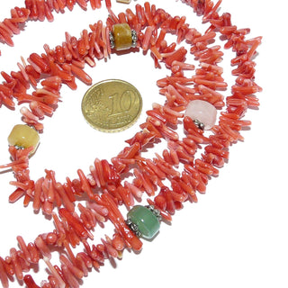 endloses Einzelstück, lange Edelsteinkette, rosarote natürliche Koralle, Äste 9-12mm, Zwischenteil aus Tönnchen: Aventurin, Rosenquarz, Achat 8,5 mm, Länge 80cm, auf Nylon - Goldschmiede Danilo