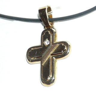 kompaktes Einzelstück, massiver Kreuz-Anhänger 585 Gold, gleichlaufende polierte Streben mit abgerundete Enden, diagonale Streifen in Roségold + Weißgold, ein Luftschnitt erweckt den Eindruck, daß zwei Kreuze übereinander liegen, ein funkelnd facettierter Zirkonia als besonderer Akzent, Dreieckschlaufe, auch als Herrenanhänger geeignet -	Einzelstücke nur erhältlich bei www.danilogold-shop.de