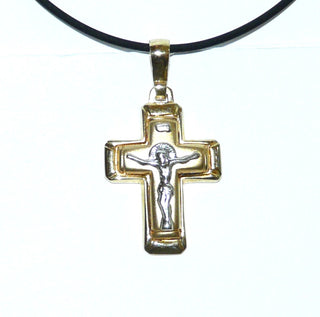 kompaktes Einzelstück, massiver Kreuz-Anhänger aus 585 Gold bicolor gearbeitet, gleichlaufende, polierte Streben mit gerade Enden, Doppelkreuz-Optik in matt + poliert, halbplastische Jesusfigur in Weiß, Dreieckschlaufe, auch für Herren geeignet -	Herrenschmuck in Gold & Silber nur bei www.danilogold-shop.de