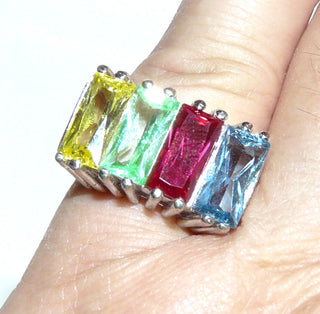 farbenfrohes Einzelstück, multicolor Kristall-Silberring aus massiv 925 Silber, Zirkonia in hellblau, gelb, grün + rot als Aquamarin-, Citrin-, Prasiolith- &amp; Rubin-Repliken, Ringweite 51,5, im funkelnd facettierten Baguette-Schliff - Goldschmiede-Danilo