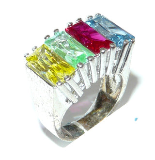 farbenfrohes Einzelstück, multicolor Kristall-Silberring aus massiv 925 Silber, Zirkonia in hellblau, gelb, grün + rot als Aquamarin-, Citrin-, Prasiolith- &amp; Rubin-Repliken, Ringweite 51,5, im funkelnd facettierten Baguette-Schliff - Goldschmiede-Danilo