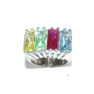 farbenfrohes Einzelstück, multicolor Kristall-Silberring aus massiv 925 Silber, Zirkonia in hellblau, gelb, grün + rot als Aquamarin-, Citrin-, Prasiolith- &amp; Rubin-Repliken, Ringweite 51,5, im funkelnd facettierten Baguette-Schliff - Goldschmiede-Danilo