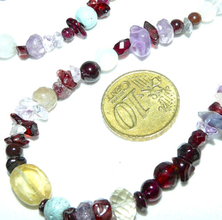 in unserer Werkstatt designtes Einzelstück, multicolor Unikat-Edelsteinkette mit Amethyst, Citrin, Granat, Rosenquarz, Iolith, Bergkristall, Prasiolith in unterschiedlichen Schliffformen, Gesamtlänge 45 cm, Verschluß aus Metall, auf Stahlseil aufgereiht -	Unikatschmuck nur erhältlich im Onlineshop von Juwelier & Goldschmiede Danilo! 
