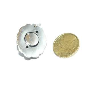 ovales Einzelstück, Vintage Bernsteinanhänger aus 800 Silber natürlicher Butterscotch Bernstein-Cabochon mit schöner Maserung in Zargenfassung, Perlspiegel mit geschwärzten Tiefen, Art Deco um 1910 - Goldschmiede Danilo