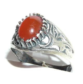 ovales Einzelstück, Vintage-Karneolring aus 925 Silber poliert, Herrenring mit Karneol-Cabochon in 22 Krappen gehalten, floral durchbrochen und in den Tiefen geschwärzt, matt, Ringweite 64,5, um 1970 - Goldschmiede-Danilo