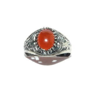 ovales Einzelstück, Vintage-Karneolring aus 925 Silber poliert, Herrenring mit Karneol-Cabochon in 22 Krappen gehalten, floral durchbrochen und in den Tiefen geschwärzt, matt, Ringweite 64,5, um 1970 - Goldschmiede-Danilo