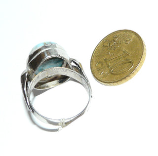 handgefertigtes Retro-Einzelstück, ovaler Vintage-Ring, Spiderweb-Türkis als Cabochon mit Quarzeinschlüssen in 925 Silber gehalten, poliert, Ringweite 56,5, Seitenteile, um 1960 -	Unikate und Pretiosen nur erhältlich im Onlineshop der Goldschmiede Danilo!