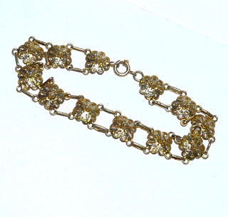 antikes Einzelstück, schmales Vintage-Filigran-Armband, Glieder-Armband aus Silber vergoldet, 19 cm lang, 12 kleine, filigrane, quadratische, florale Elemente, poliert, um 1940, Federring -	Einzelstücke nur erhältlich bei www.danilogold-shop.de