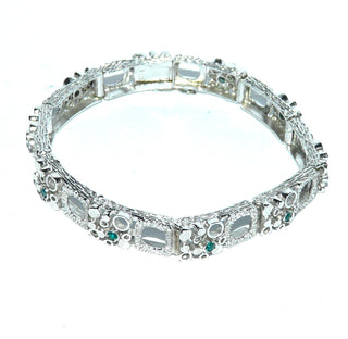 schmales Vintage-Armband, Glieder-Armband mit grünen Smaragd-Repliken, Stiftbewegung, wirkt eher wie ein Armreif, aus massiv 835 Silber, 17,5 cm lang, Kastenschloß, Sicherheitsacht, um 1960-1970 -	Nur erhältlich bei www.danilogold-shop.de