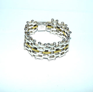 Einzelstück, sehr breites Armband, Statement-Glieder-Armband mit Stiftbewegung, wirkt eher wie ein Armreif aus massivem 925 Silber, für Bicolor-Effekt kombiniert mit Messing, 20 cm lang, Mexico, Kastenschloß -	Unikatschmuck nur erhältlich im Onlineshop von Juwelier & Goldschmiede Danilo! 