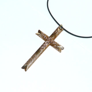 imposantes Einzelstück, großer Vintage-Kreuz-Anhänger aus 585 zartem Roségold, Gründerzeit, 1 sichtbare Reparaturstelle, aber zu schade zum Einschmelzen (siehe auch Foto Rückseite), ziselierte, gerundete Oberfläche, poliert, um 1900, auch für Herren geeignet -	Vintage-Schmuck nur im Onlineshop von danilogold!