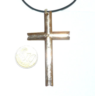 imposantes Einzelstück, großer Vintage-Kreuz-Anhänger aus 585 zartem Roségold, Gründerzeit, 1 sichtbare Reparaturstelle, aber zu schade zum Einschmelzen (siehe auch Foto Rückseite), ziselierte, gerundete Oberfläche, poliert, um 1900, auch für Herren geeignet -	Vintage-Schmuck nur im Onlineshop von danilogold!