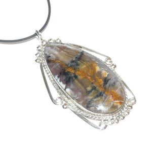 sehr großes Einzelstück, Unikat der Natur, brauner Moosachat-Anhänger aus 925 Silber, ein großer Tropfen-Cabochon mit sehr eindrucksvoller Maserung in einer Zargenfassung gehalten, mit Kordelrand + Kügelchen als Dekor, feste Schlaufe - Goldschmiede Danilo