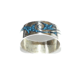 türkises Einzelstück, Vintage Herrenring aus 925 Silber, gleichlaufend, Mosaik-Einlagen aus Türkis, wahrscheinlich indianische Arbeit, Tribal-Muster, um 1970, Ringweite 70,5 - Goldschmiede Danilo