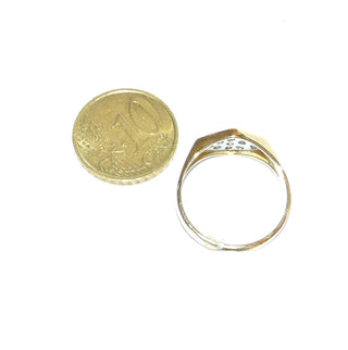 zweifarbiges Einzelstück, Brillantring, Antragsring, Verlobungsring aus 585 Gold mit 9 Brillanten von zusammen 0,27 Karat Twsi im Pavé im Weißgold 6-eck eingefaßt, Ringweite 58,5, poliert - Goldschmiede Danilo