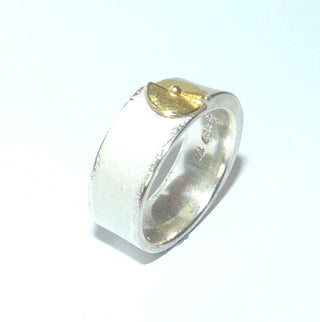 Einzelstück, zweifarbiger Ring aus 925 Silber weißgesiedet + einer Belötung aus einem Kreis aus 750 Gelbgold, mattiert mit anpolierten Kanten, ARS / Atelier Reister, Ringweite 58. Dazu paßt Ohr 0020 -	Nur erhältlich im Onlineshop von Juwelier & Goldschmiede Danilo!